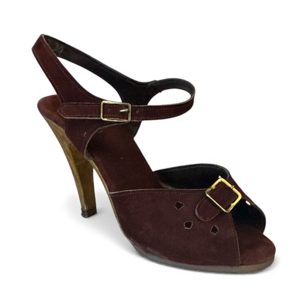 VINTAGE SBICCA BERRI SUEDE BUCKLE WOOD HEELS PLATFORMS SZ 6